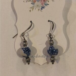 Blue and White Porcelain Bead Drop Earrings